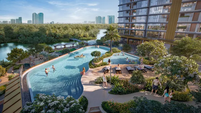 Hồ bơi khối đế tháp Lagoon nhìn ra kênh