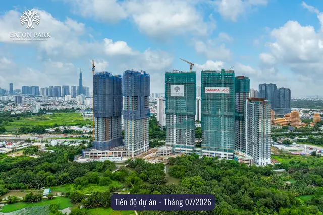Ảnh flycam công trường tháng 7/2026: sáu tháp đã cất nóc